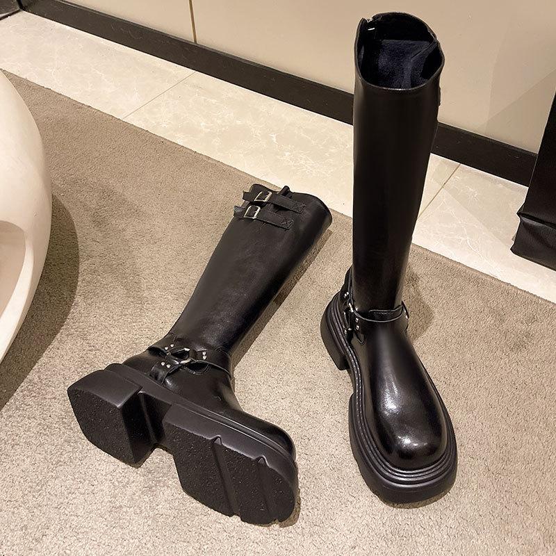 Retro Brown Western Cowboy Boots Women's 2025 New Belt Buckle Knee Long Boots Thick-soled High Knight Boots