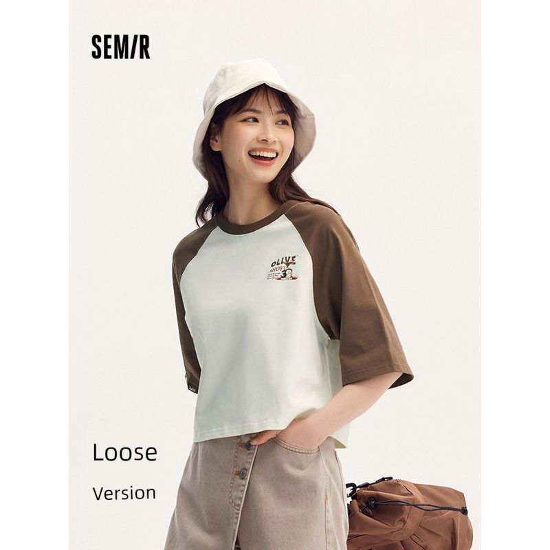 

Senma Grand Sailor Joint-Name Short-Sleeved T-shirt Women s Short Contrast Color Raglan Sleeve Summer Loose Pattern Tops Fashion Green and white 00341 160/84A/M