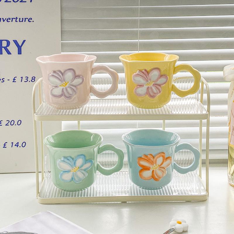 Ins Style High Value Flower Mug Girls Office Ceramic Drinking Cup Korean Coffee Cup Milk Cup