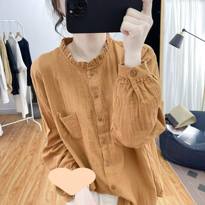 Cotton Long-sleeved Shirt Spring and Autumn Tops Retro Ruffled Collar Bottoming Shirt with Imitation Cotton and Linen Shirt Women
