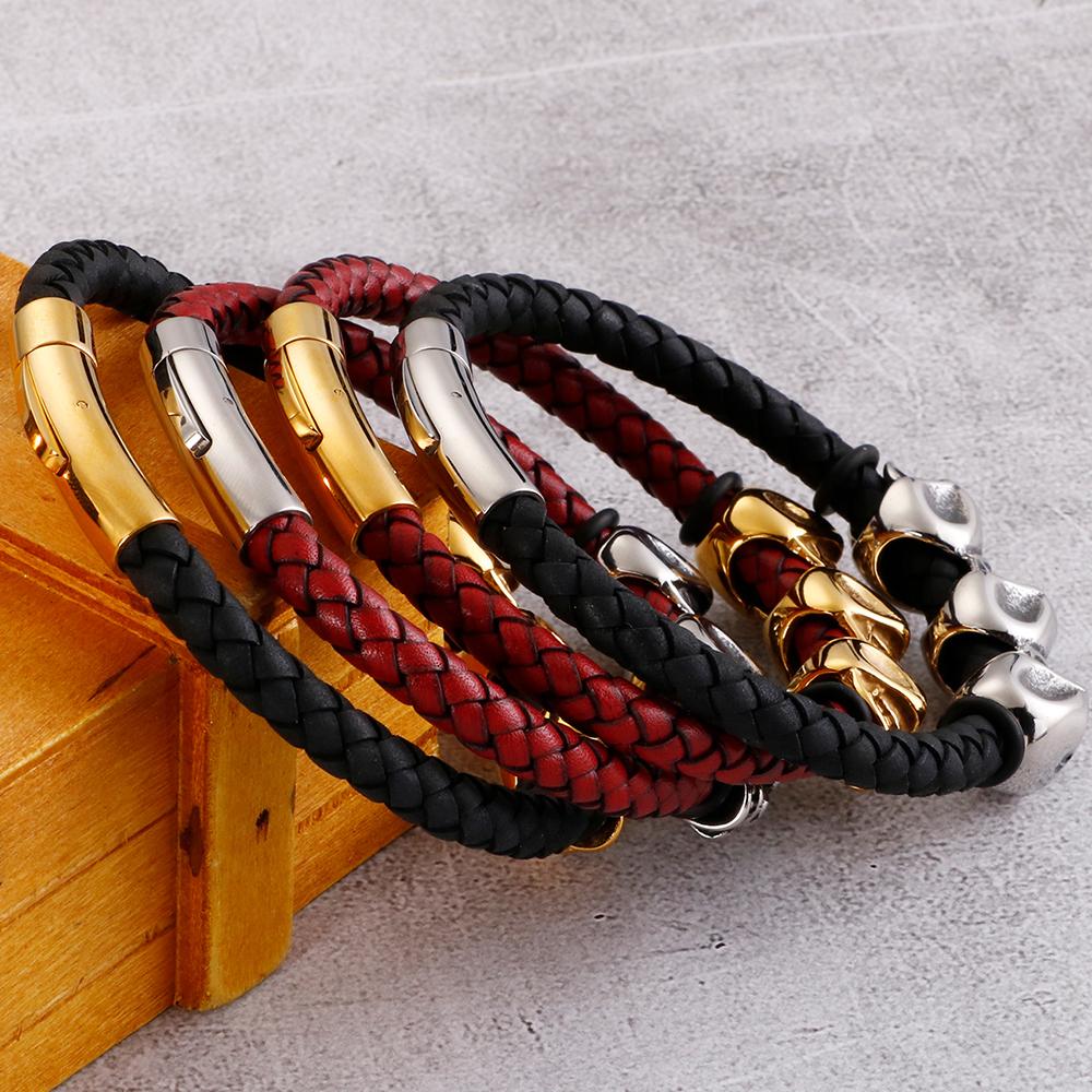 Bracelet tressé en cuir rouge noir pour hommes, en cuir de vache, Punk Rock gothique, en acier inoxydable 316L, bijoux tête de crâne