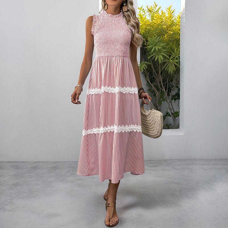

Summer New Wooden Ear round Neck Sleeveless Vest Long dress Stripe Dress Women Pink S