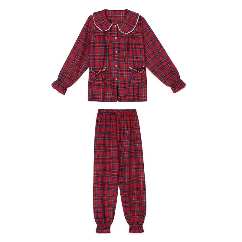 New Doll Collar Red Checkered Pajama Set Students Homewear Women Spring Autumn Sleepwear Loose Lattice Loungewear