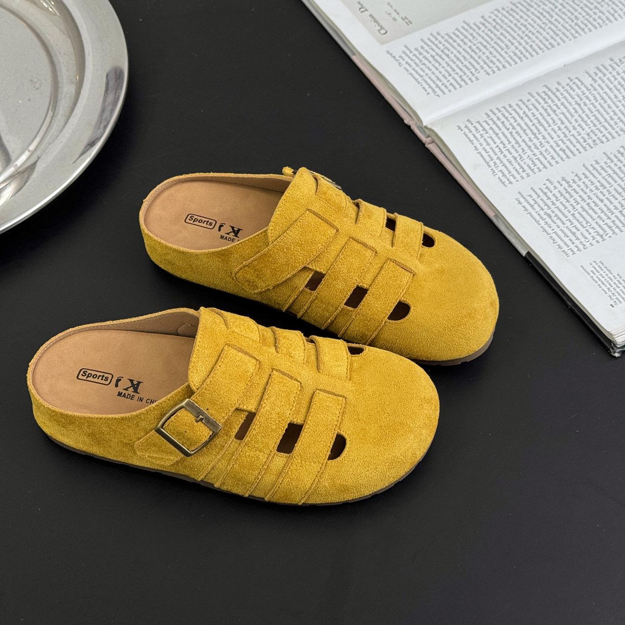 

Летняя женская обувь на полукаблуке, новая обувь на платформе, туфли-клетка из свиной кожи, ленивые шлепанцы с закрытым носком, женские крутые шлепанцы 40 лимонно-желтый