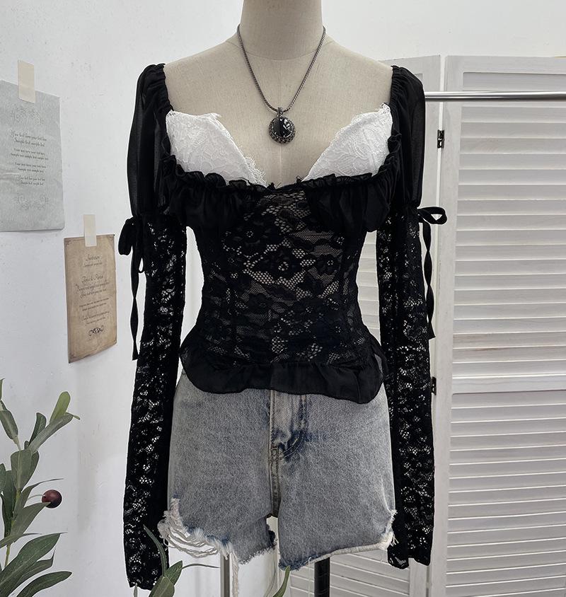 

Sexy Lace Low-Cut Long Sleeve Shirt with Chest Pads, Slim Ruffled Hem, Short Top One Size чёрный