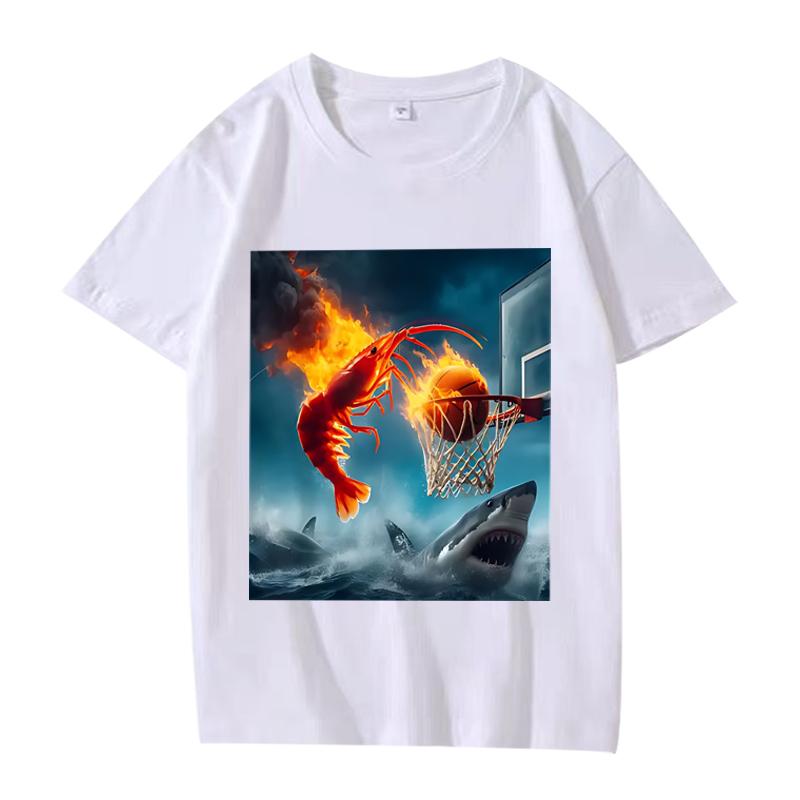 Garnelen-Dunking auf Hai Grafik T-Shirt Retro Angel T-Shirt Männer Frauen Kurzarm Sommer Unisex Oberteile