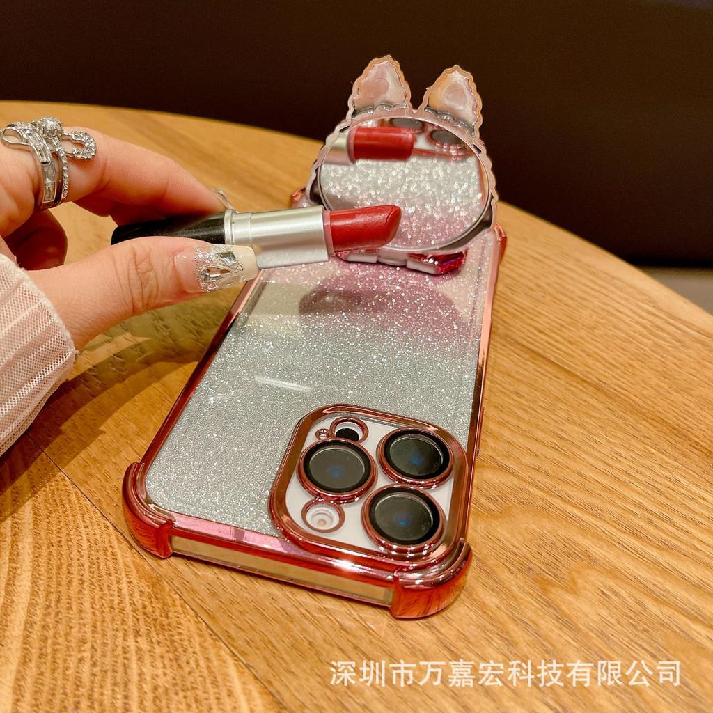 Four corners anti-drop cartoon rabub suitable for iPhone16 mobile phone case electroplated mirror bracket Apple 15promax