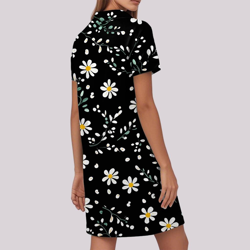 Women's Casual Fashion Lapel Floral Print Dress Short Sleeve V Neck Short Skirt
