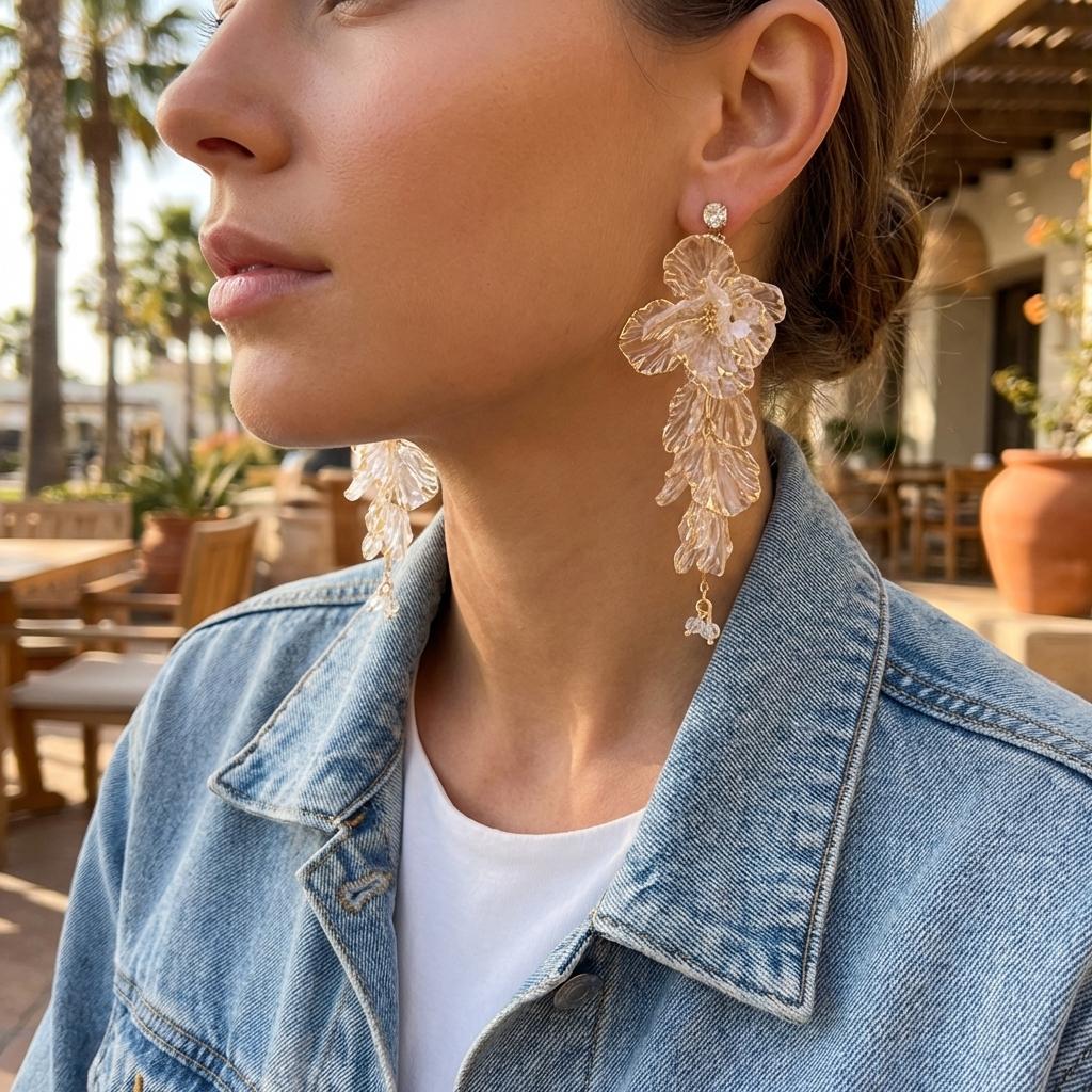 Elegant Acrylic Resin Flower Petal Drop Earrings for Women 3D Clear Floral Long Tassel Hanging Earring Wedding Party Jewelry