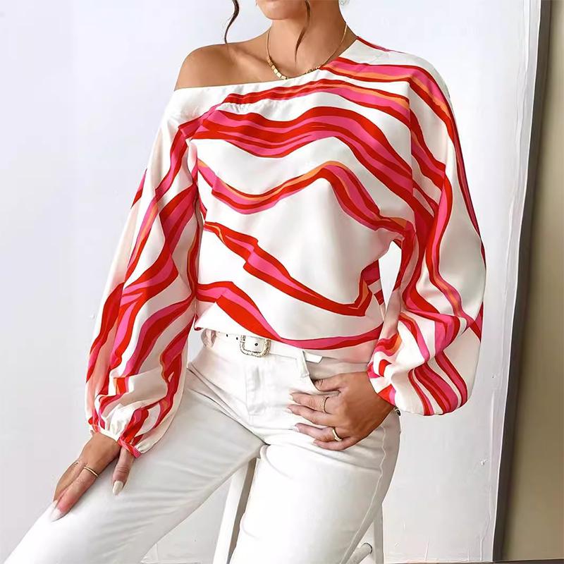 Women's Tops Temperament Off-the-shoulder Straight-neck Printed Loose Shirt
