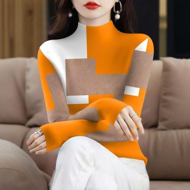 Plus Velvet Thickened Long Sleeve High Collar Printed Top for Middle-aged & Elderly Women – Tummy Covering, Spring/Autumn Fashion