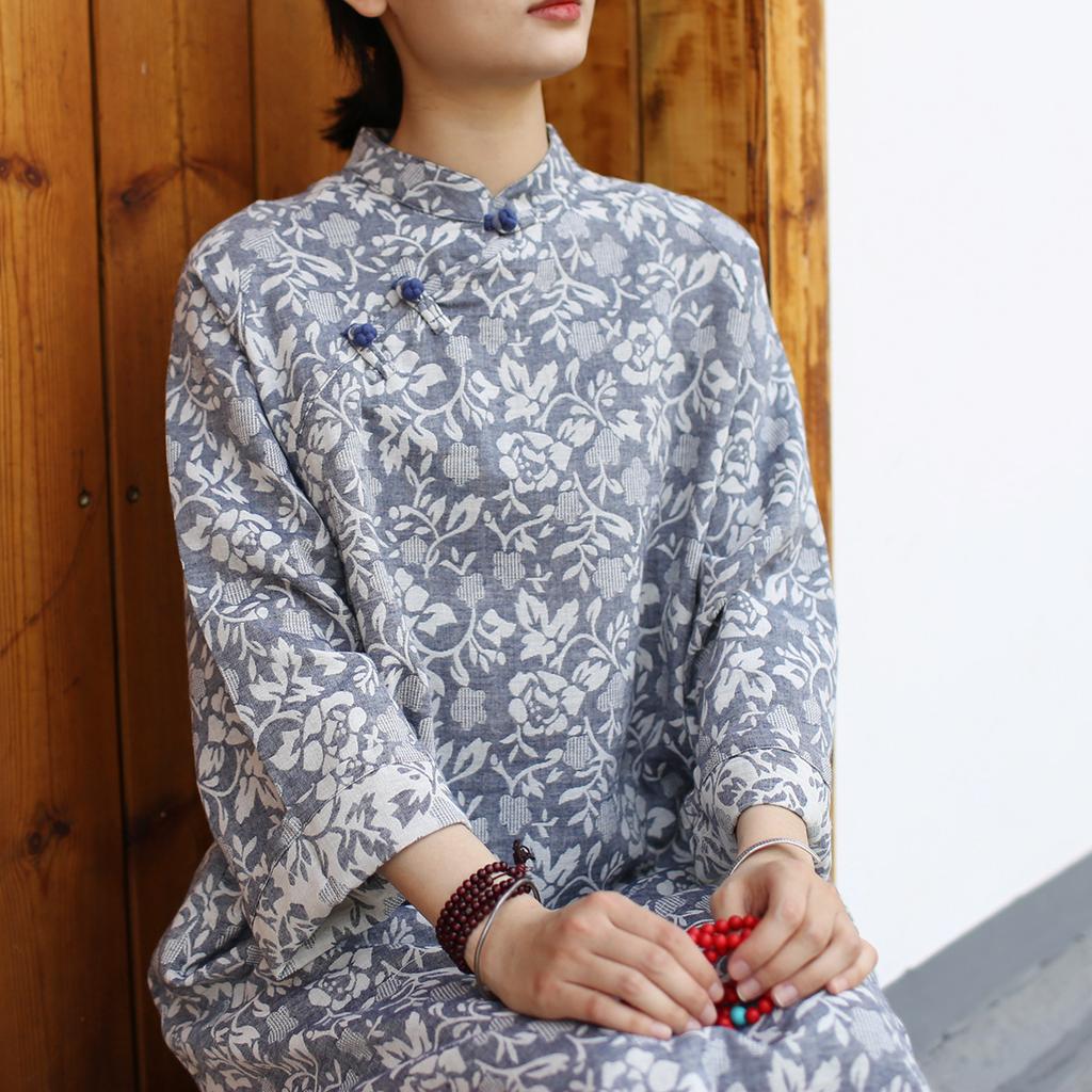 Johnature Women Chinese Style Print Floral Dress Stand Long Sleeve Spring Button Vintage Dress