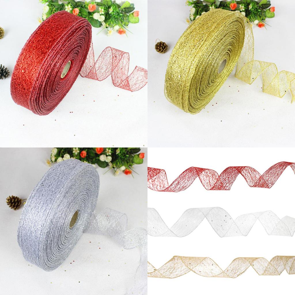 Festive Christmas Ribbon With Edged Borders For Tree Decoration And Crafts In Red Gold Silver