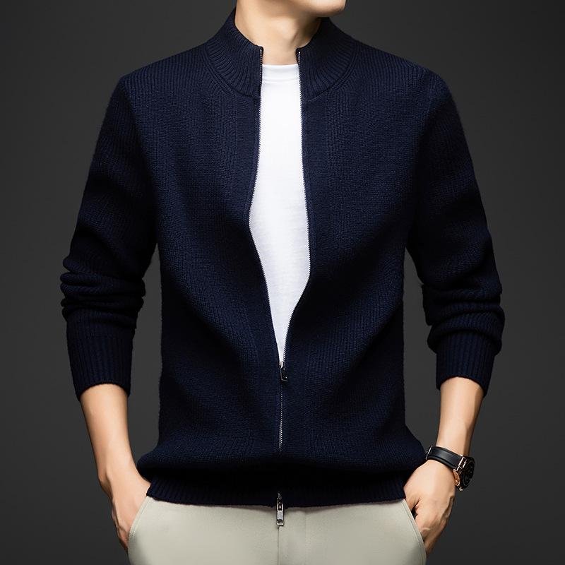 Men s Wool Knit Zipper Cardigan - Thickened Raglan Sleeve, Stand Collar, 9 Gauge Sweater Coat XL темно-синий
