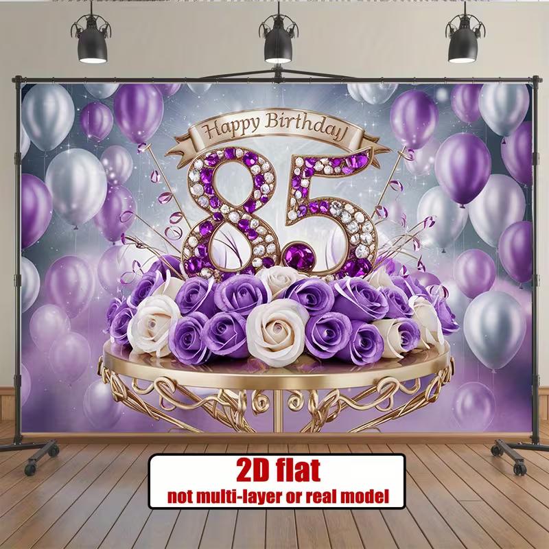 2D Glitzer Lila 85. Geburtstag Hintergrund Blumige Ballons Fotokabine Banner