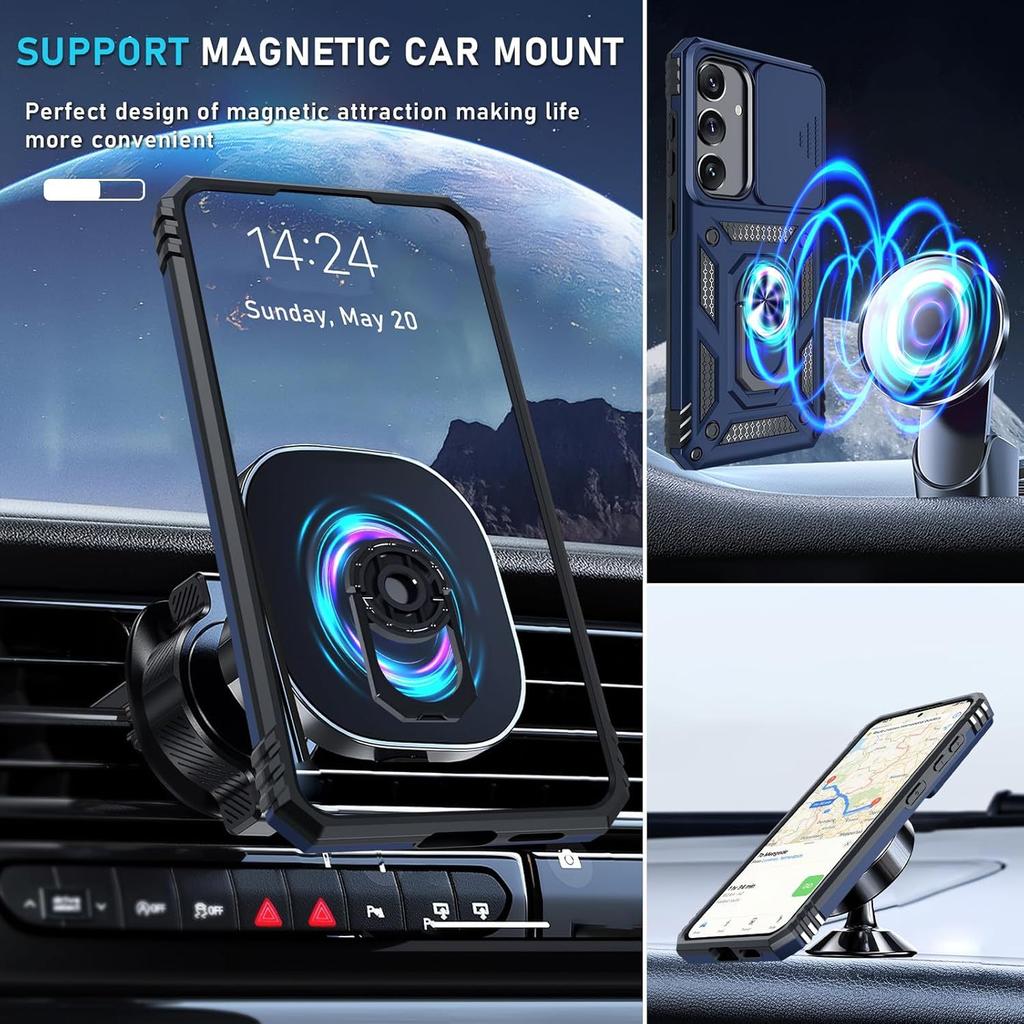 Schutzhülle für Samsung Galaxy S25 S24 Ultra S23 Plus S22 S21 S20 FE 5G mit einem Displayschutz aus gehärtetem Glas, Ring-Kickstand, Schiebekameraabdeckung