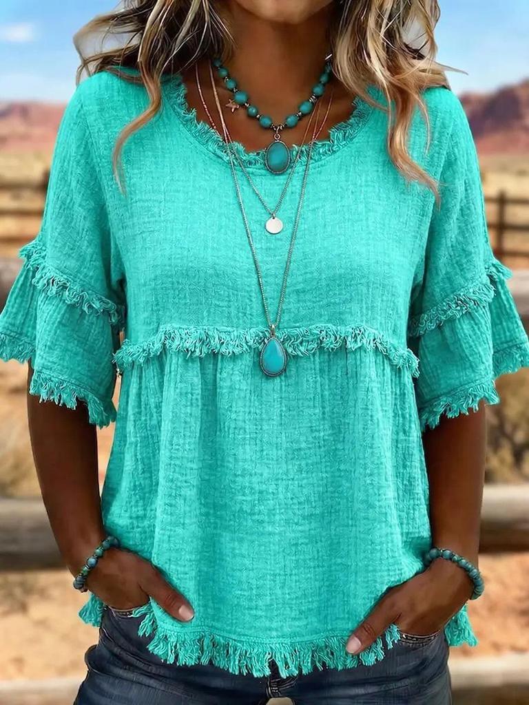 2026 European & American Loose Fit Women's Casual Short Sleeve Round Neck Pullover Top