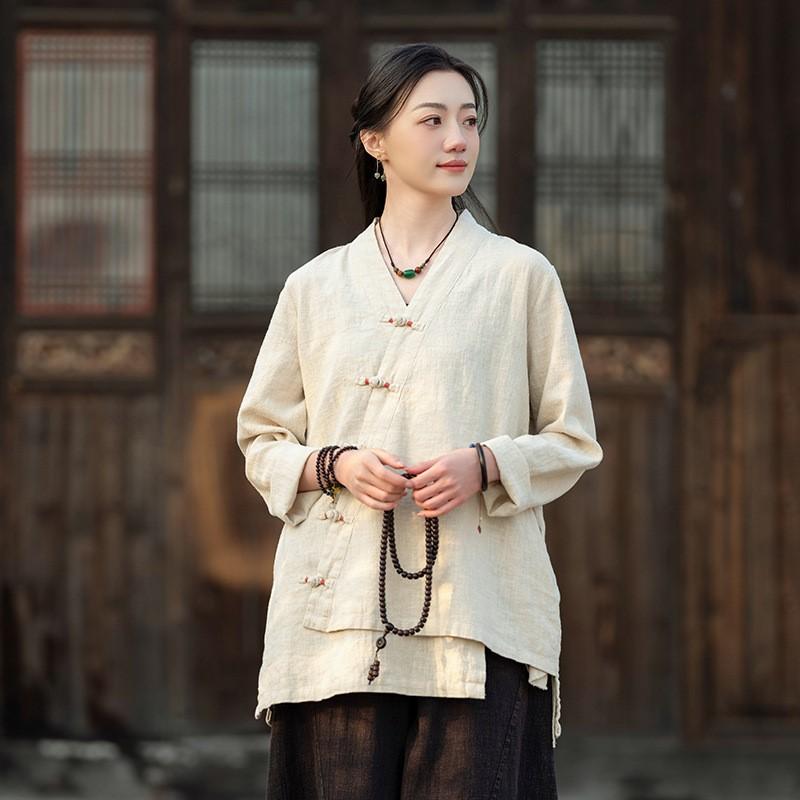 Johnature Women Vintage Shirts Tops V-Neck Long Sleeve Spring Blouses Solid Color Loose Spring Shirts