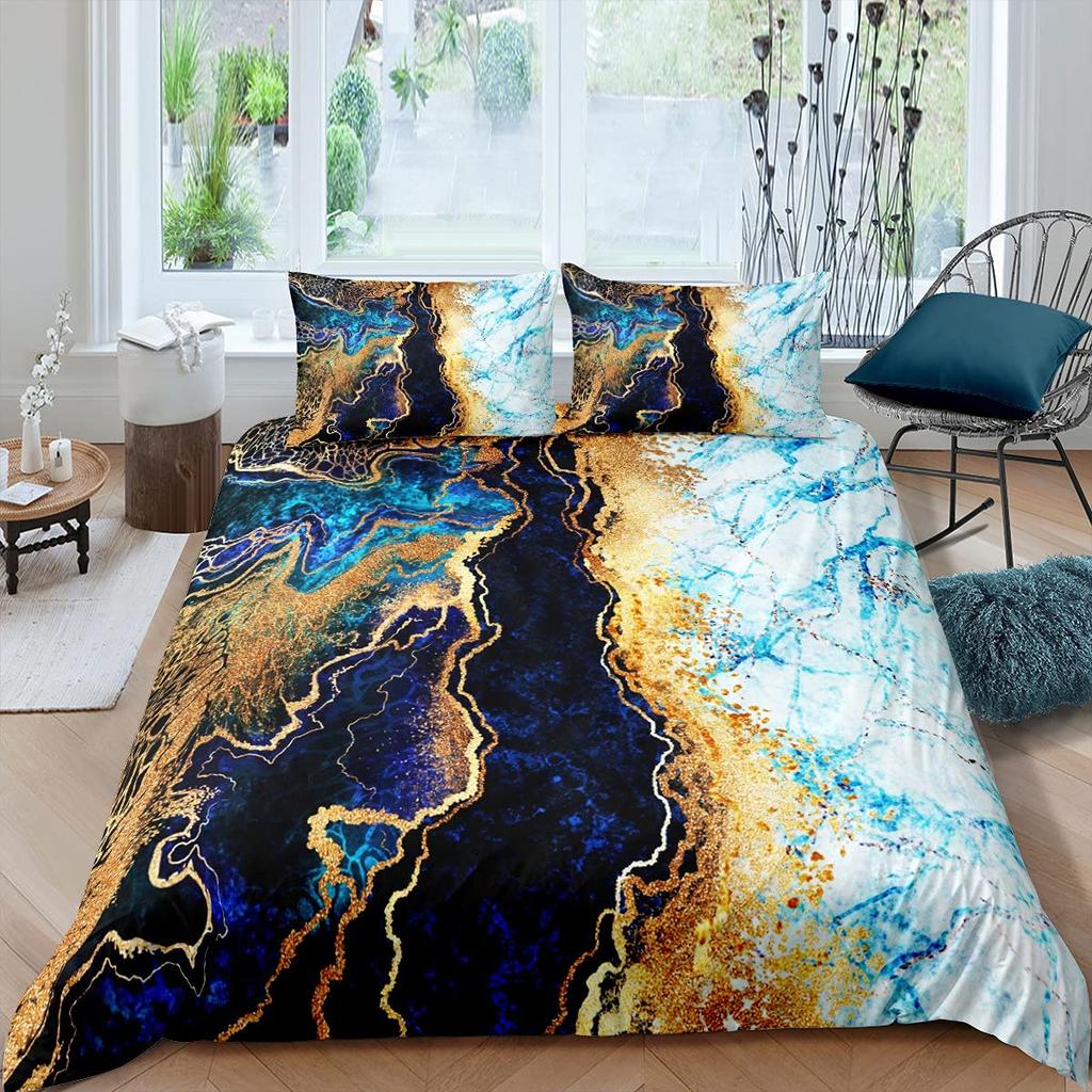 Marmurowy Zestaw Poszewek na Kołdrę Rozmiar Pełny Złoty Marmurkowy Wzór Zestaw Pościeli 3szt. do Pokoju Chłopca Dziewczynki, Abstrakcyjna Tekstura Kamienia Poszwa na Kołdrę