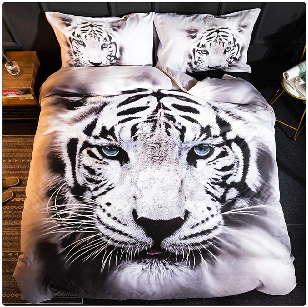 

White Tiger Bedding Set Full Size 3D Animal Print for Kids Boys Teens 3 Pieces Set 1duvet Cover+2 Pillowcases No Filling EU Twin(135x200cm)