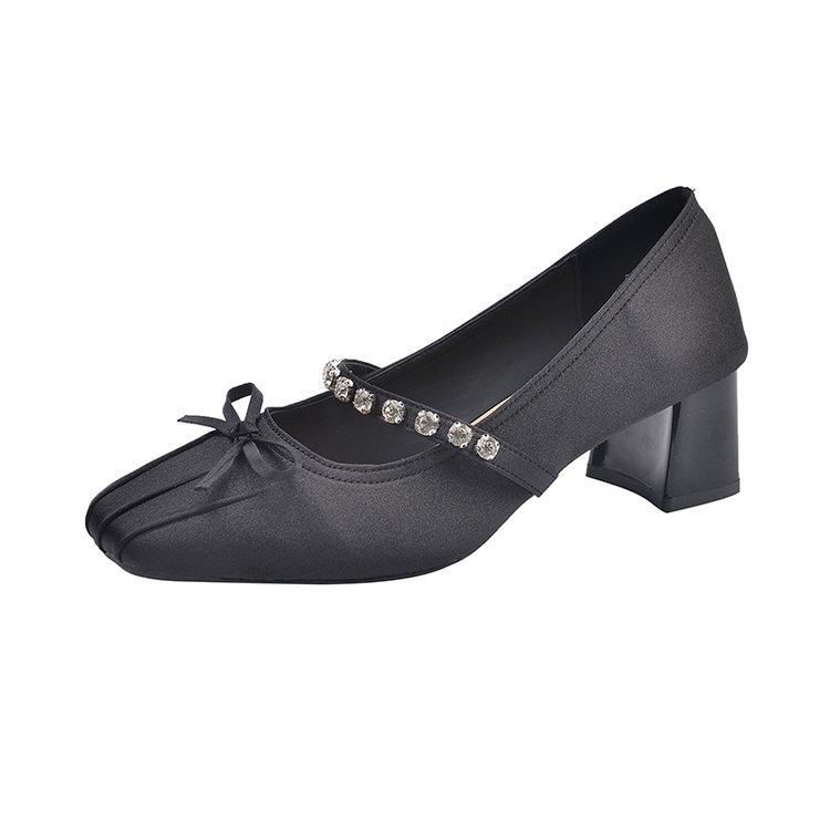 

French bow rhinestone ballet square head thick heel Mary Jane single shoes 2025 new versatile high heel single shoes 35