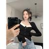 French Color Matching Square Neck Bubble Long-sleeved Knitted Sweater for Women's Autumn and Winter New Models Show Thin Temperament