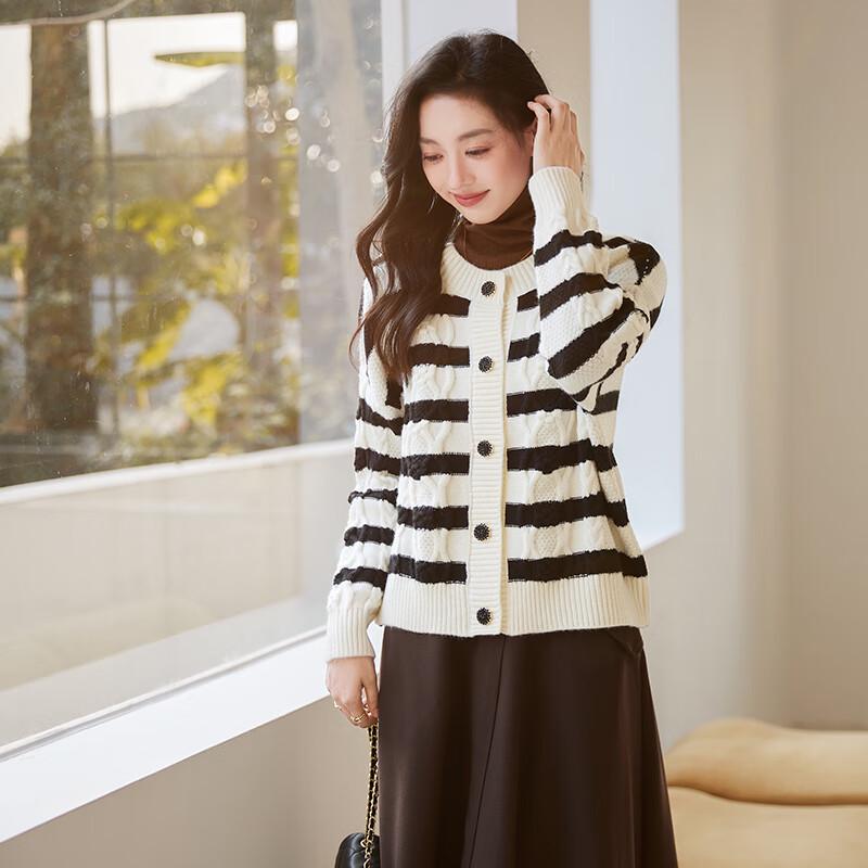 VICTORIA&VERA Women's Black & White Striped Soft Knit Cardigan