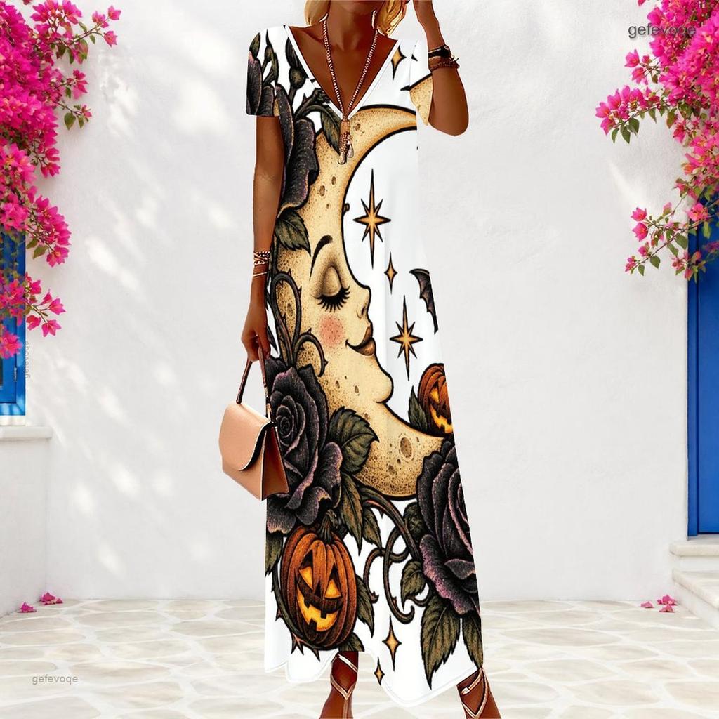 Women Plus Size V Neck Short Sleeve Colorful Printed Long Dress