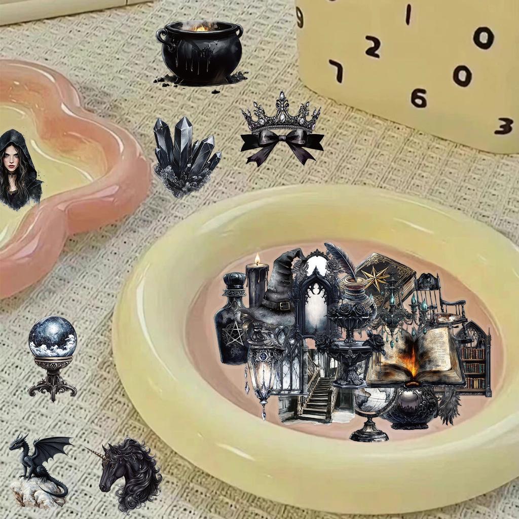 50 Pieces of Retro Dark Magic Witch PET Stickers, Transparent Waterproof Notebook Material Creative Stickers