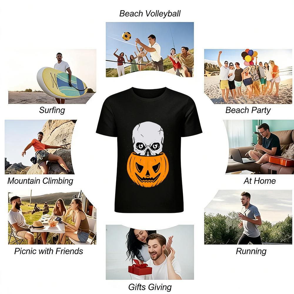 Halloween Themed Tee Skull In Jack O Lantern Graphic Casual Top Pure cotton T-shirt