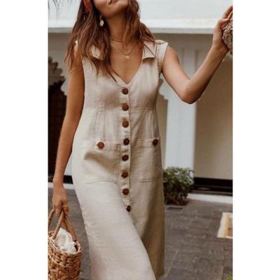 Fashion V-neck Summer Sleeveless Shirt Dress Women Plus Size Elegant Office Loose Single Breasted Dresses Pockets Solid Color Casual Party Dresses