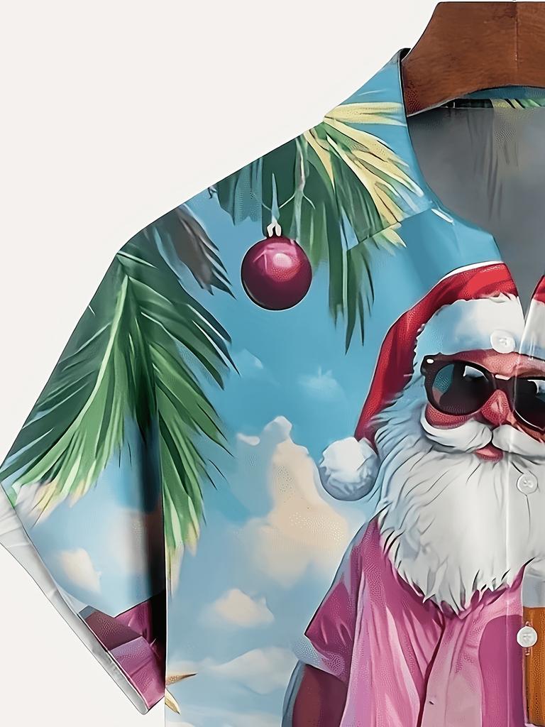 Men'S Retro Hawaiian Style Santa Claus Beach Print Short-Sleeve Shirt - Button- Collar Shirt with Pocket, Featuring a Design of Santa in Flip-Flops