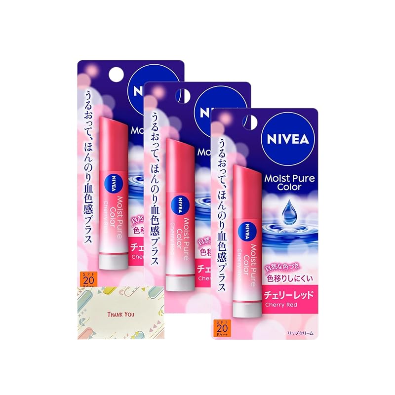 Kao Nivea Moist Pure Color Lipstick, Cherry Red, 3.5g (Set of 3) + Bonus Gift with Kunutonn Original Logo