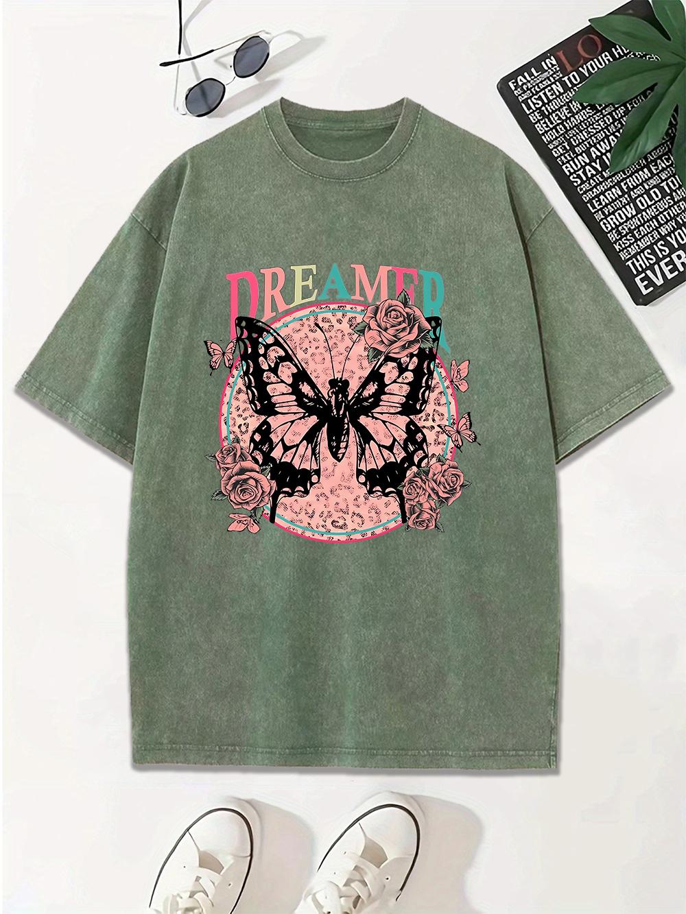 

Dreamer Butterfly Printing Washed TShirts Womens Cotton Oversized Tops Comfortable Distressed ONeck T Shirts Summer Clothes S