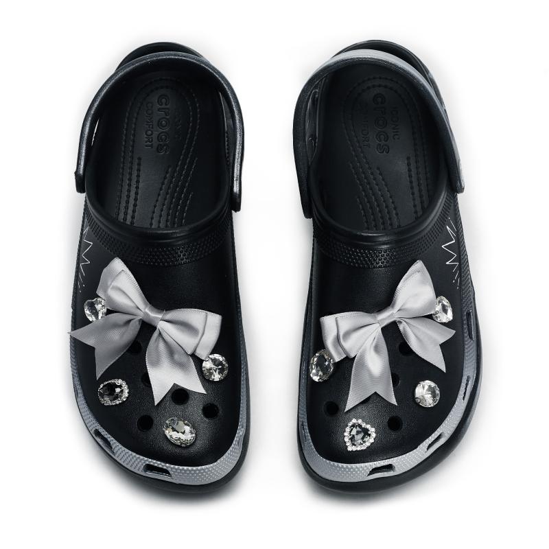 Crocs Classic Platform Clog 811 Eternal Diamond Special Shoe Box Bow Feeling Poop Hole Shoes Women's Black Silver