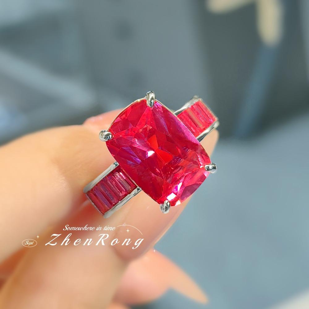 Vintage Open Ring Fat Rectangle Red Corundum Gradient High Carbon Blue Spinel Womens Jewelry