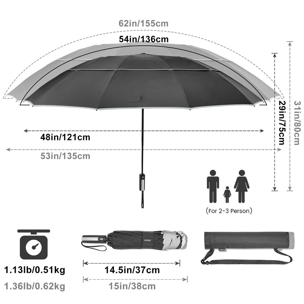 G4Free Windproof Inverted Umbrella with Reflective Large Compact Reverse Golf Umbrella for Double Canopy Travel Umbrella with Auto 62-inch Stripes,