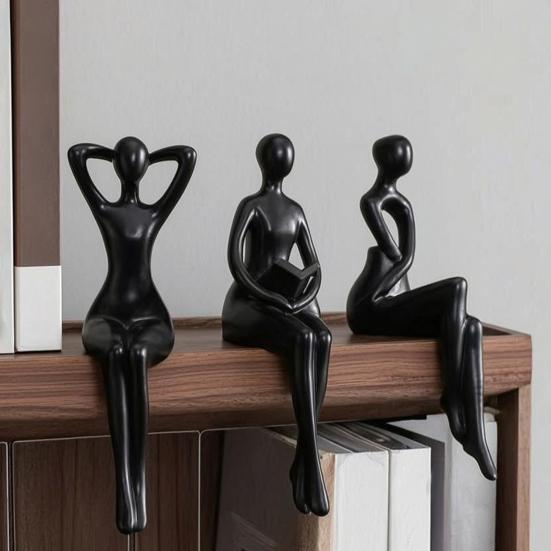 3 szt. Rzeźba do czytania z żywicy, Statua siedzącego myśliciela, Abstrakcyjna figurka kobiety na półkę na książki do domu, biura, salonu, półki, dekoracja biurka