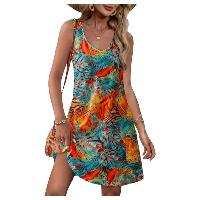 Spring and summer new models for hot-selling ins wind sleeveless printed suspender dress