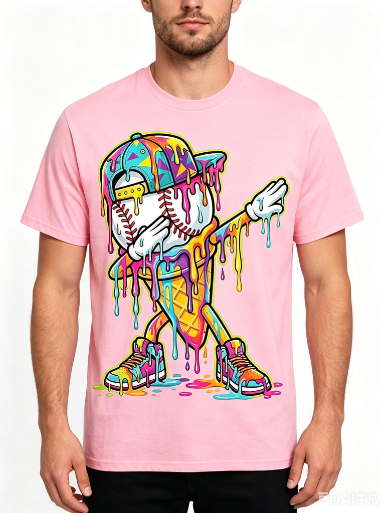 Cotton Retro Baseball Drip Tshirt Ice Cream Drip Pattern Round Neck Casual Electric Butt Dance Pose Graphic T Shirts