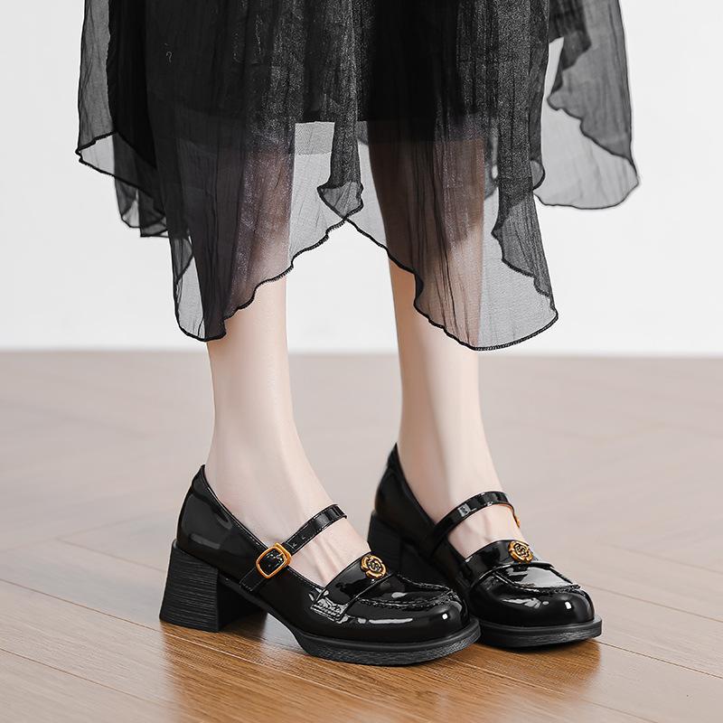 Camellia Retro Thick Heel Mary Jane Women's 2025 Spring and Summer New Light Mouth High Heel One Word with Small Leather Shoes Single Shoes