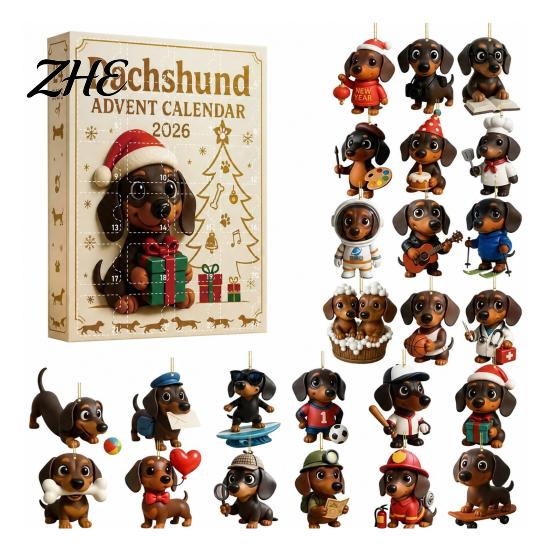 Dackel Adventskalender 2026 Kalender, 24 Tage Weihnachten Hund Sammlerstück Set, Stück Liebhaber Geschenke 2D Acryl Feiertagsfiguren Countdown für Heimdekoration A black