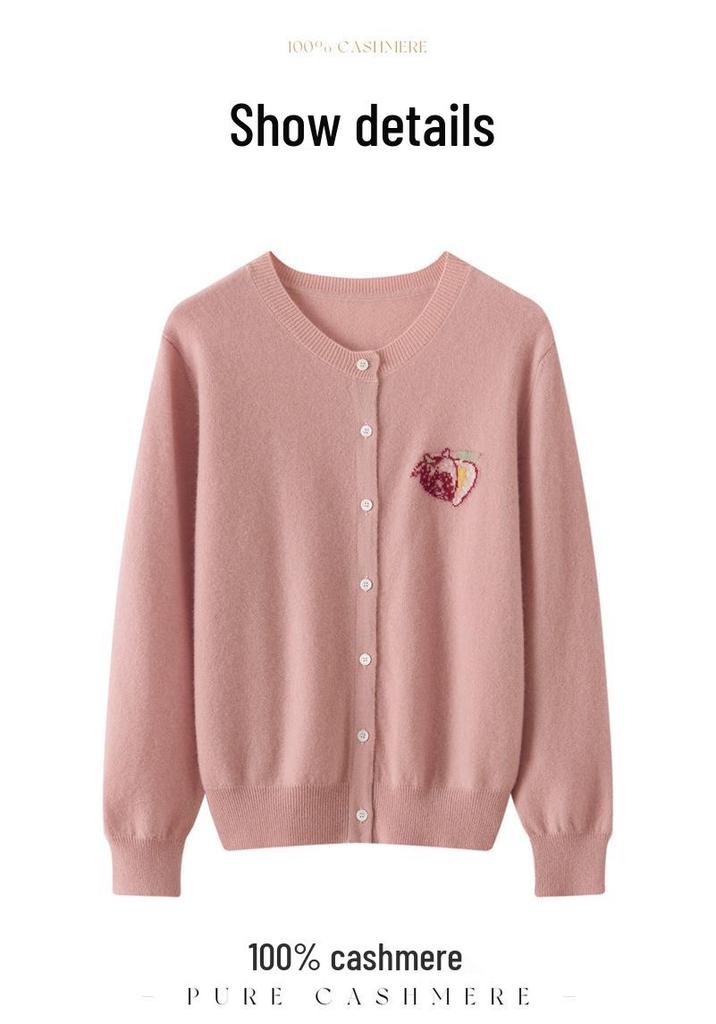 Soft, Skin-Friendly 100% Cashmere Knit Round Neck Cardigan, Single-Breasted Jacquard Commuter Top