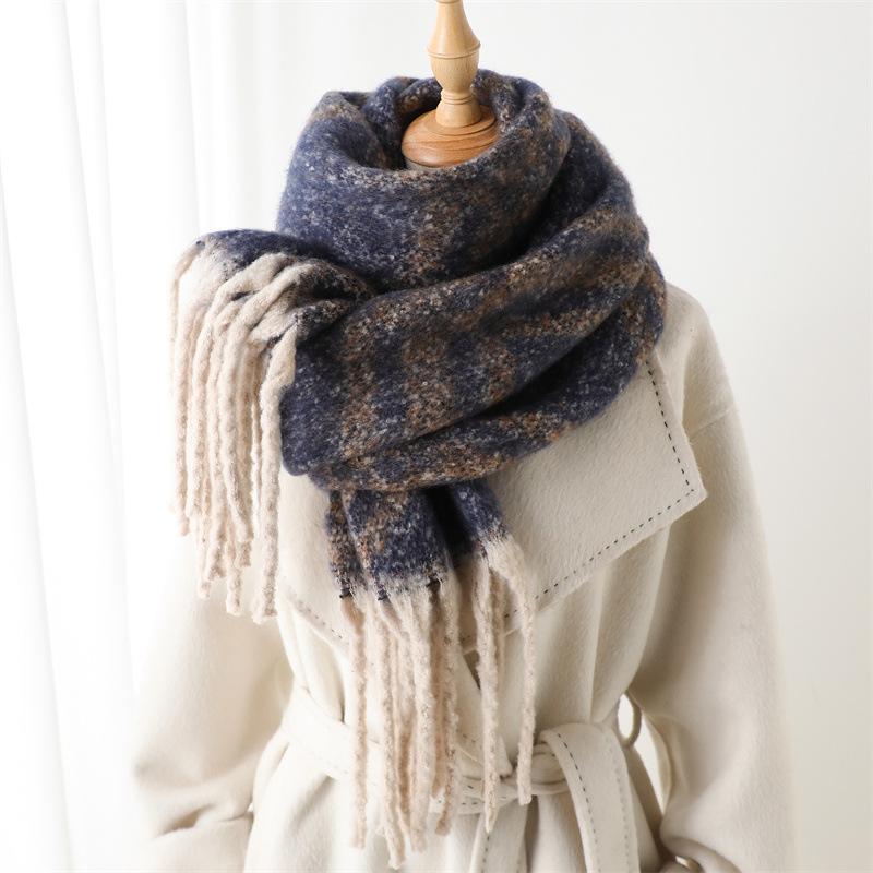 Navy Blue Brown Pattern Geometric Texture Imitation Cashmere Warm Shawl Scarf Autumn And Winter Fashion Versatile Fringed Commuter Scarf