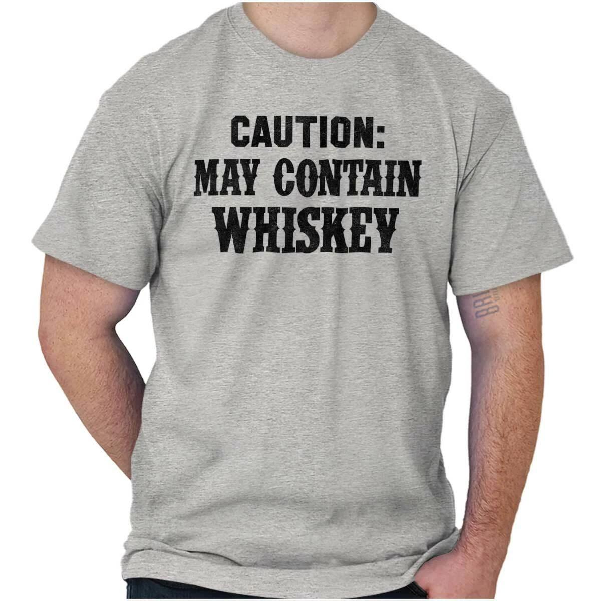 Funny Drinking Caution May Contain Whiskey Womens or Mens Crewneck T Shirt Tee S