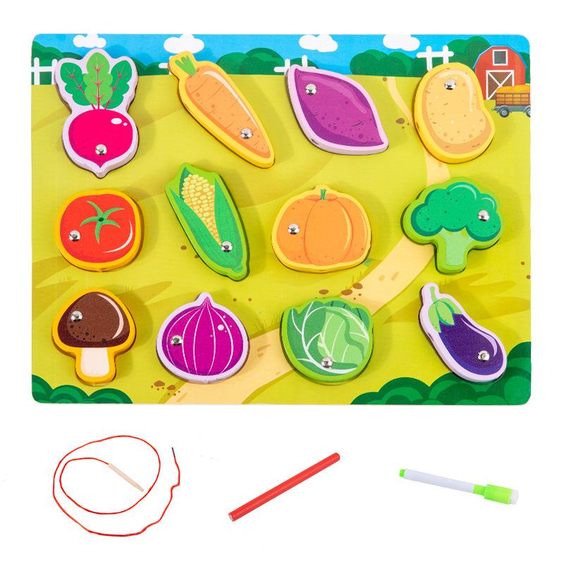 Children's Double-Sided Wooden Activity Board: Matching, Stringing, Drawing, Beading, and Fishing Educational Toy