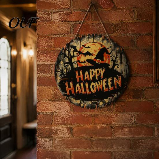 Vintage Style Holiday Sign Halloween Witch Hanging Sign, 8" Round Wooden Door Autumn Forest Porch Wall Decoration Witches Rustic for Home Front Party