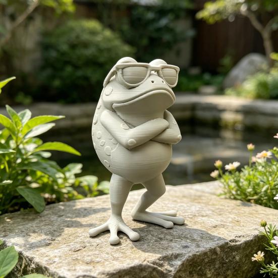 3D Printed Frog Figure, Mini Desktop Ornament, Simulated Frog Model with Sunglasses Crossed Arms, Standing Frog for Desk, Car Interior