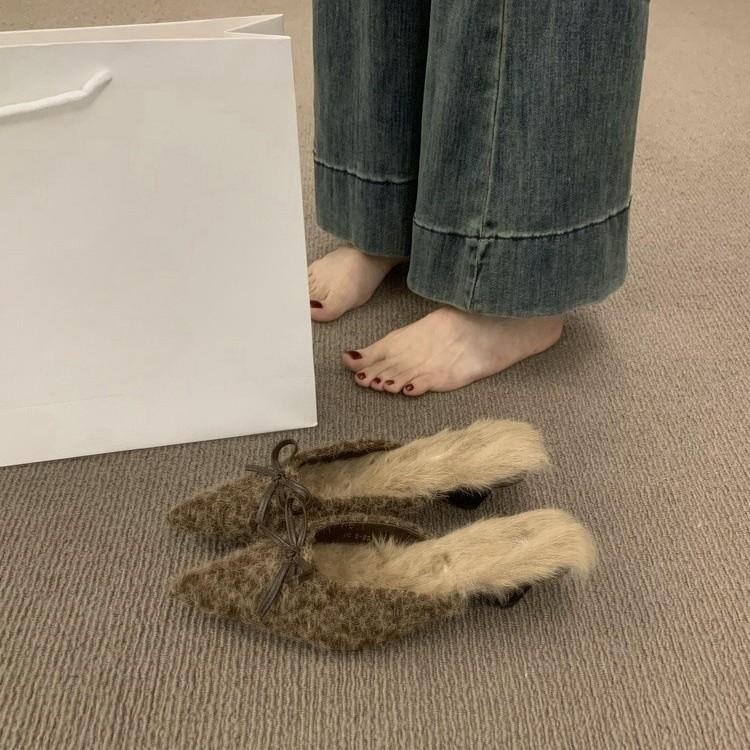French Temperament Plush Bag Head Half Slippers Lazy One Pedal Pointed Muller Shoes Plush Shoes Women Wear Outside Winter