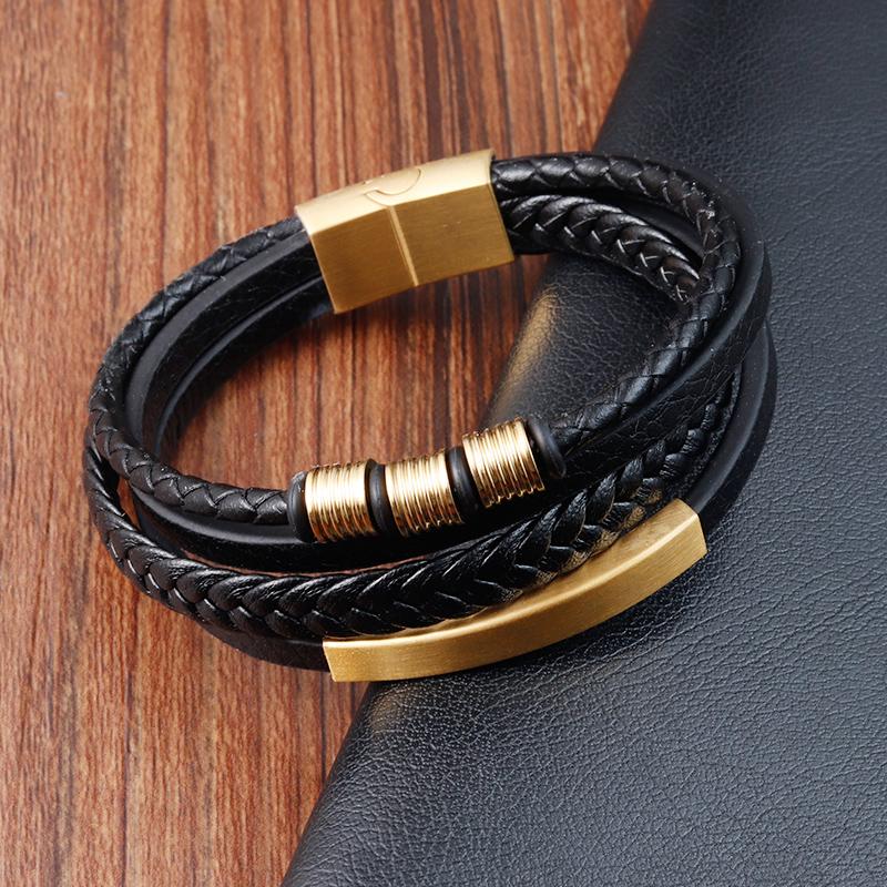 Luxury Classic Multi-layer Style Hand-woven Winding Stainless Steel Men's Leather Bracelet With Magnet Clasp For Men's Jewelry